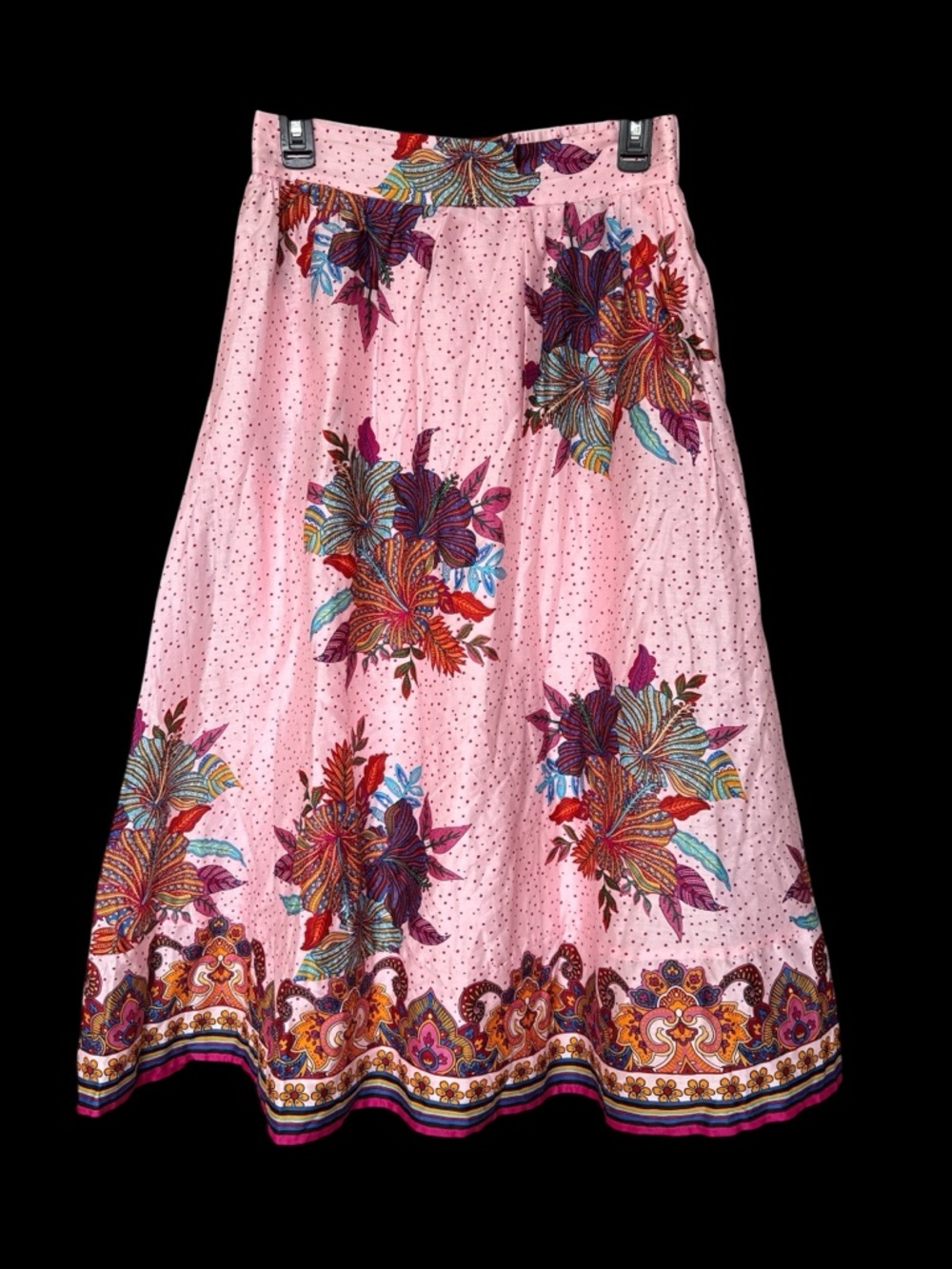 Floral Pink A-Line Midi Skirt with Border Hem
